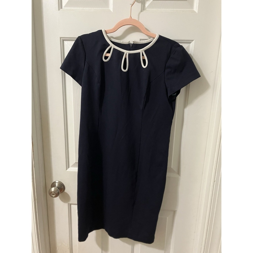 Talbots Navy Blue Career White Trim Cutout Dress Business Casual Cottagecore 8